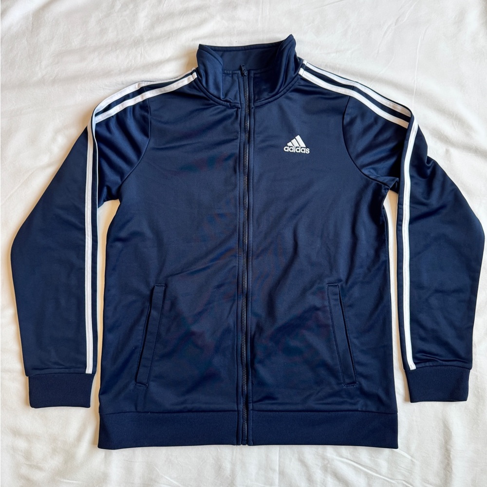 adidas big kid Navy Zip-Front Track Jacket with White Stripes